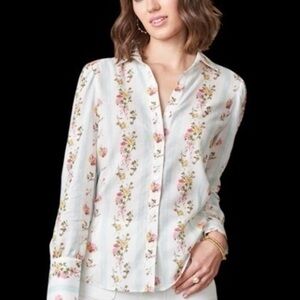 Spartina Womens M White Blue Floral Striped Button Up Shirt Relaxed